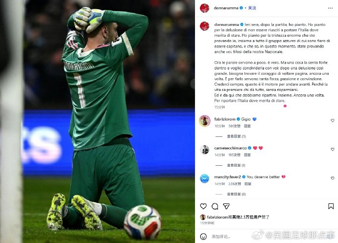 多纳鲁马痛心意大利三届无缘世界杯 声称将重铸